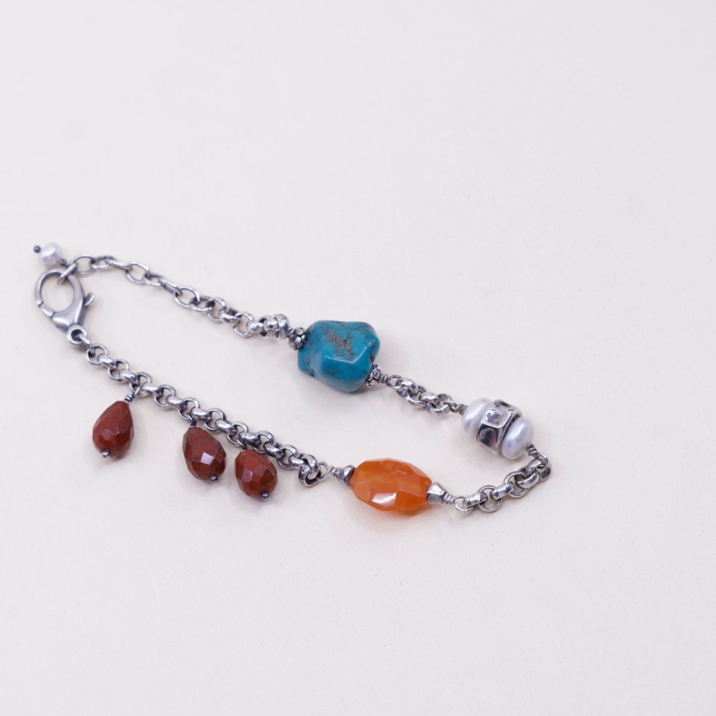 7.5”, Sterling 925 silver circle chain bracelet w/ turquoise carnelian N pearl