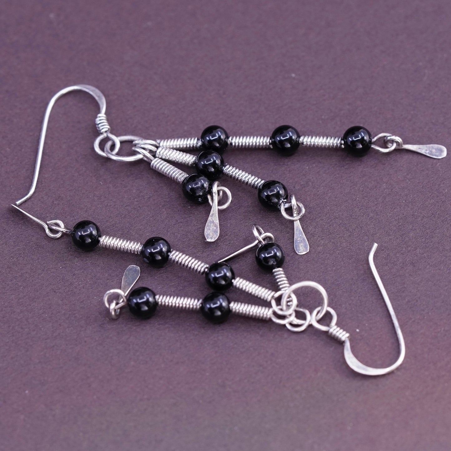 Vintage Sterling silver handmade earrings, Mexico 925 with bead obsidian