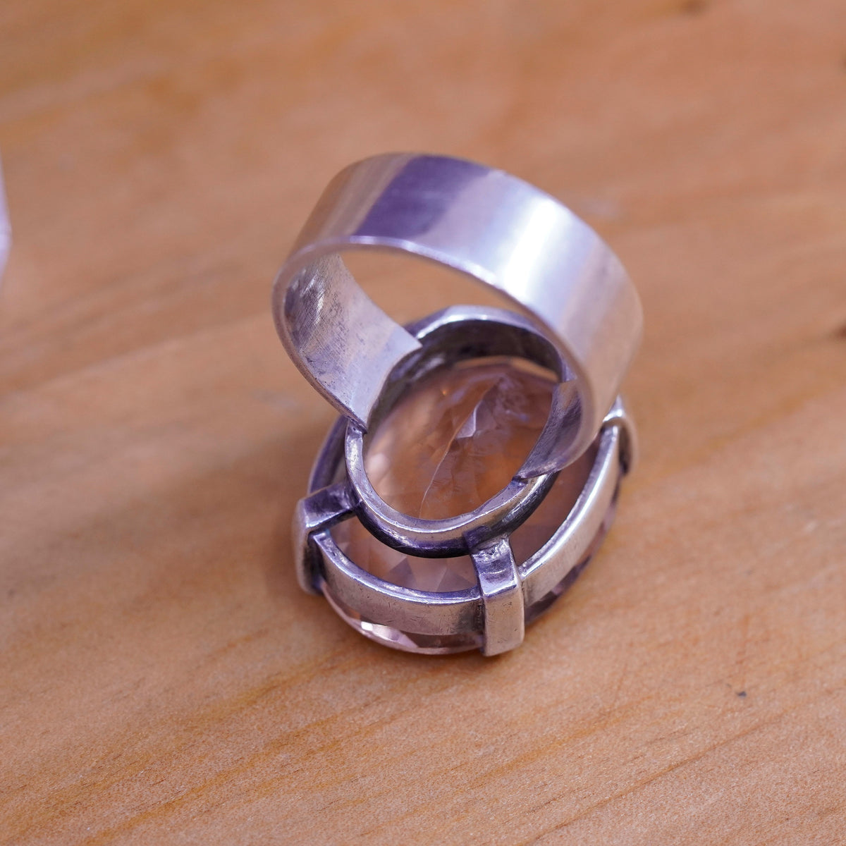 Size 8.25, vintage Sterling 925 silver handmade statement ring with pink quartz