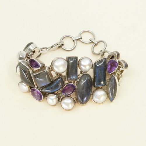 6.75”, Sterling Silver Handmade Bracelet, 925 W/ Labradorite, Pearl, Amethyst