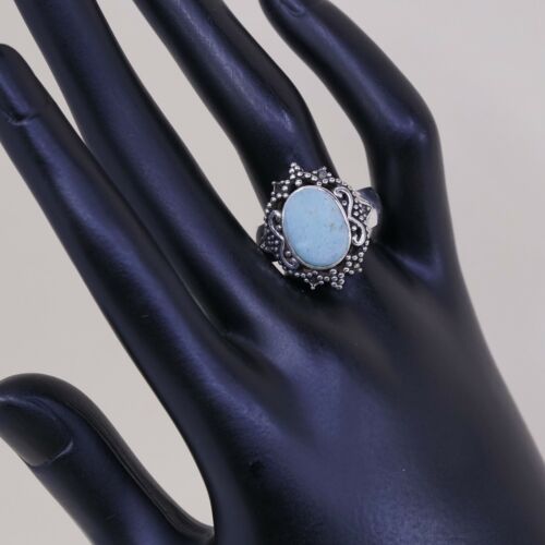 Sz 8, Vtg Sterling Silver Handmade Ring W/ Oval Turquoise N Beads, Stamped 925