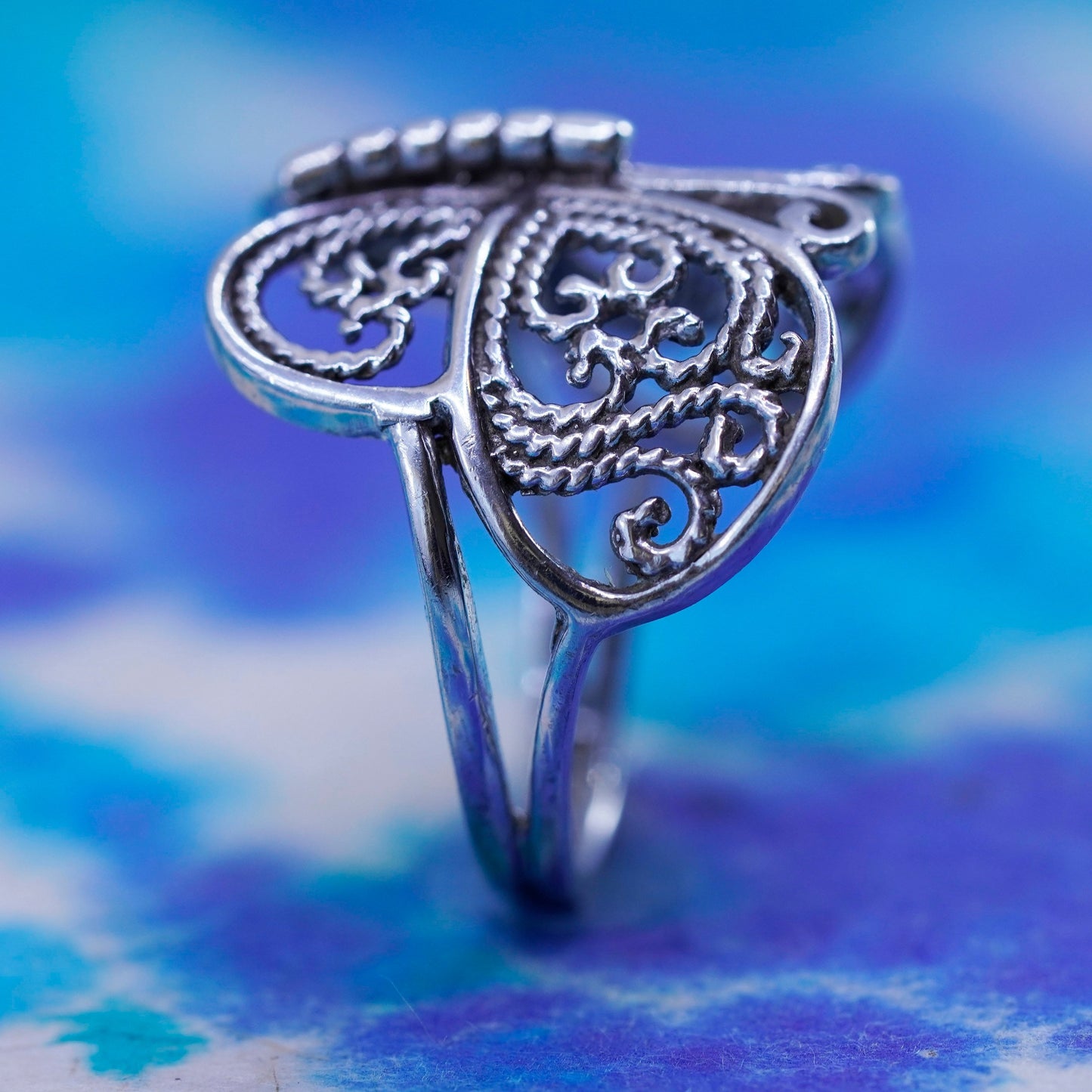 Size 6.5, vintage sterling silver handmade ring, 925 filigree butterfly band