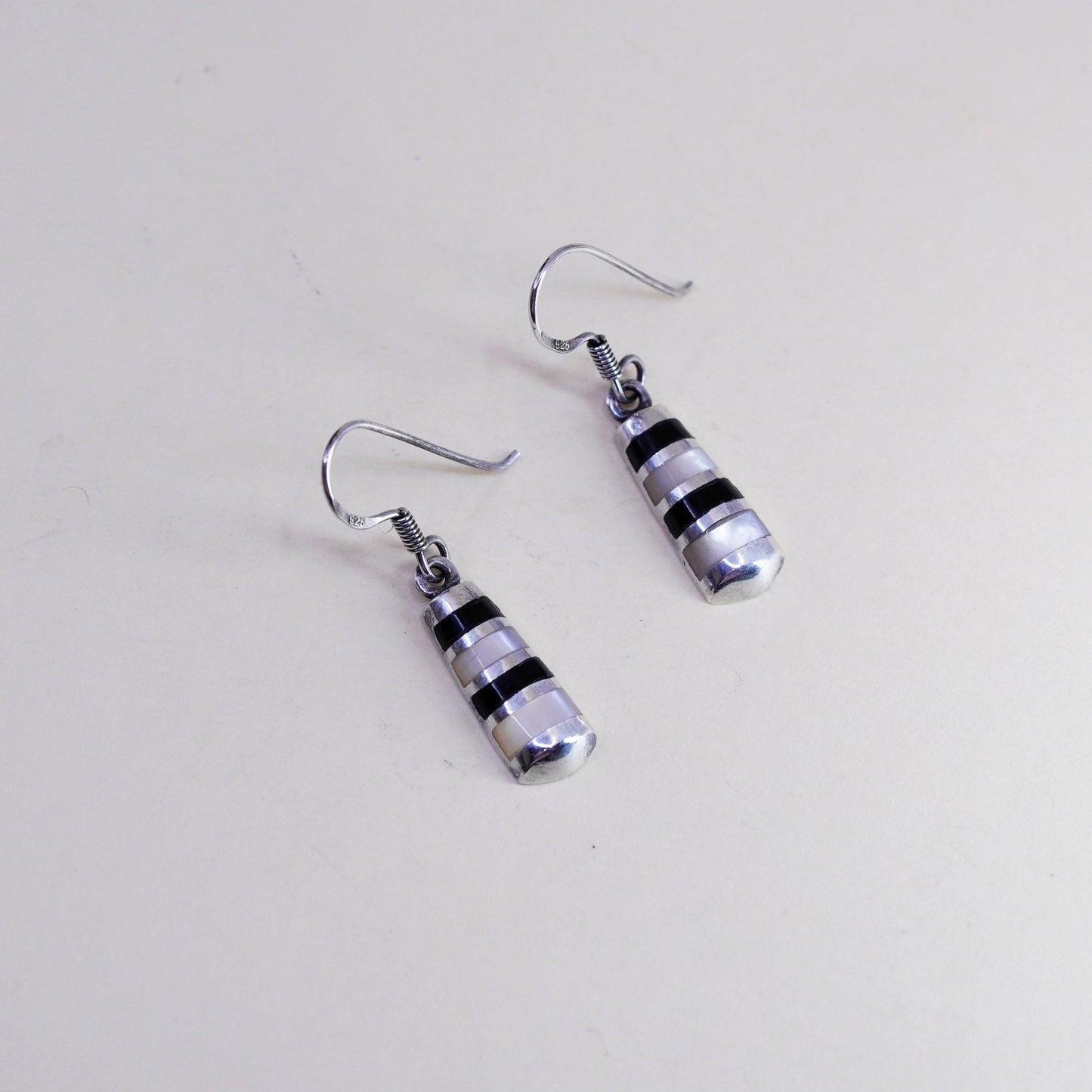 Vintage Sterling 925 silver handmade earrings with mother of pearl and obsidian