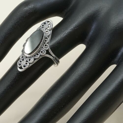 Sz 6.5, Vtg Sterling Silver Handmade Ring, 925 Silver Band W obsidian N Filigree