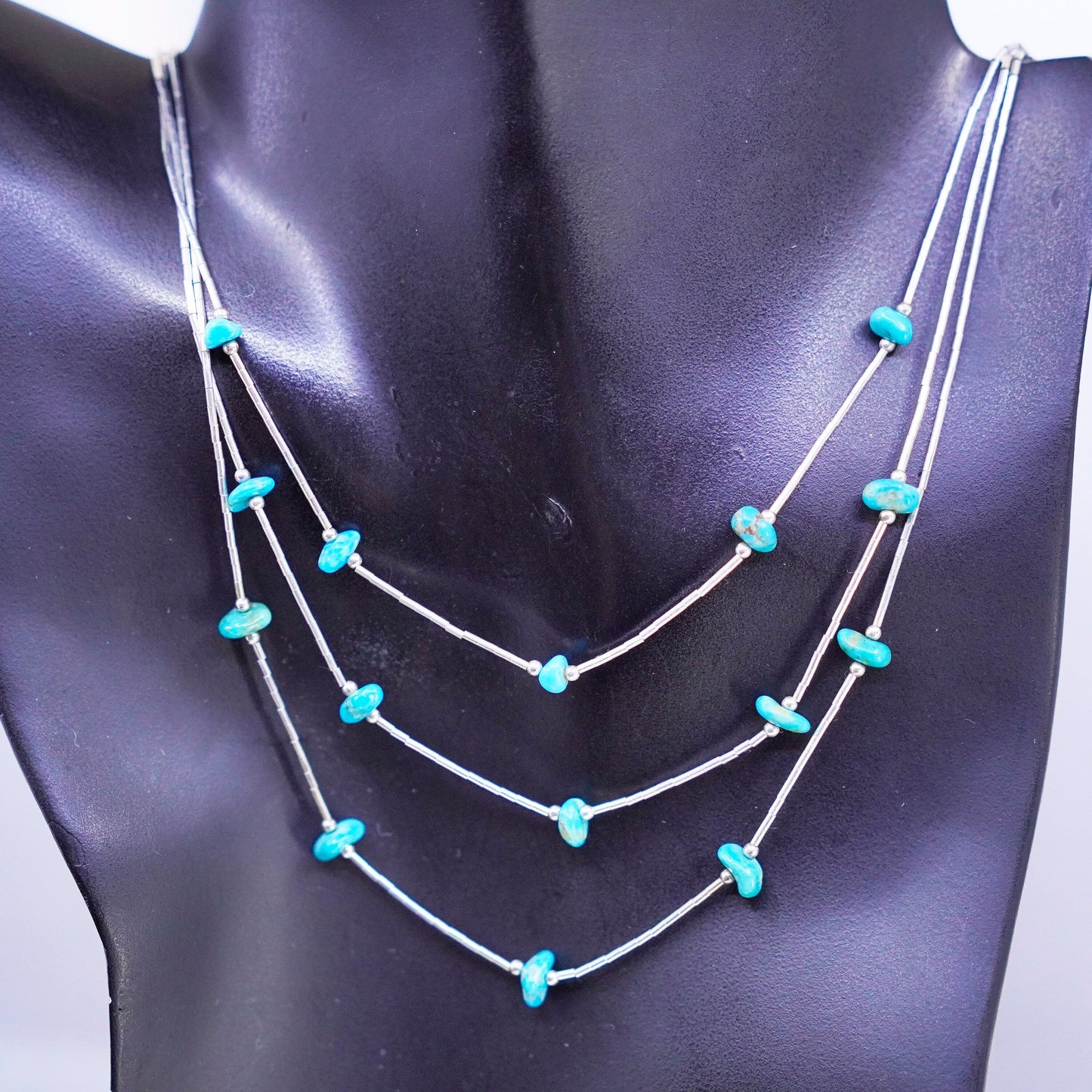 18”, liquid Sterling 925 silver necklace, Native American turquoise beads