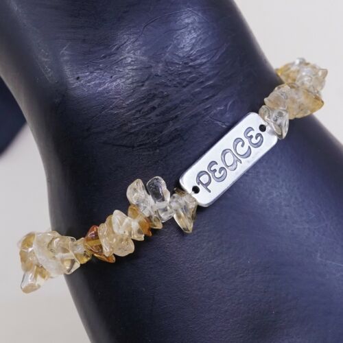 Vtg Elastic Bracelet W/ Sterling 925 Silver Tag Engraved Peace N Citrine Beads