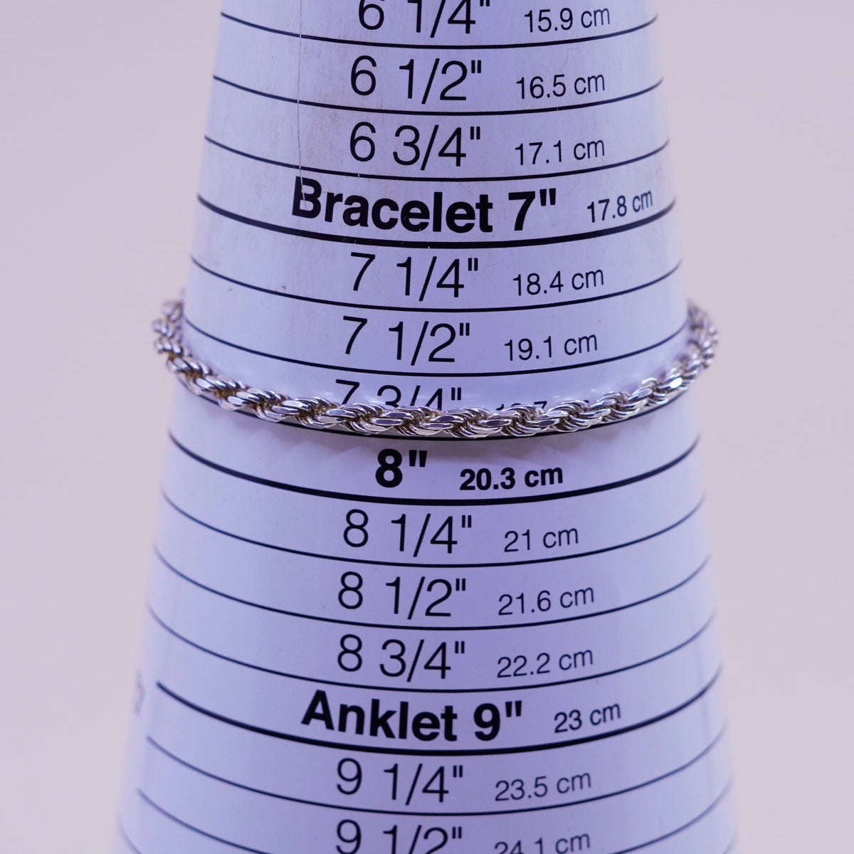 7.75”, 3mm, Vintage sterling 925 silver Italy rope chain bracelet