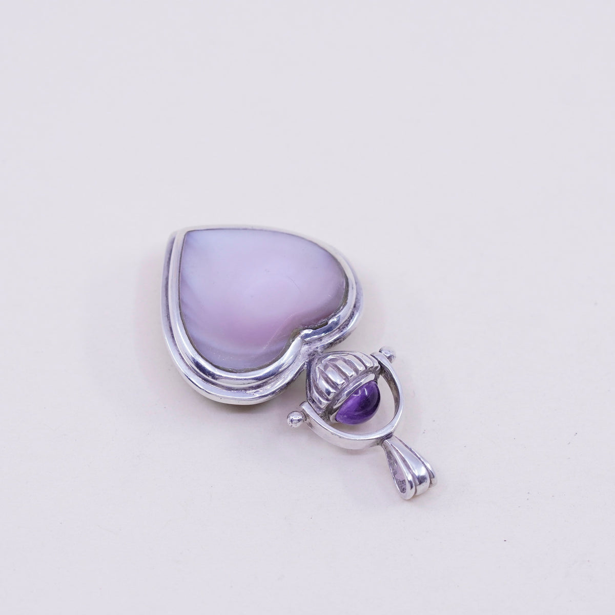 vintage sterling silver handmade pendant, 925 heart w/ obsidian mother of pearl