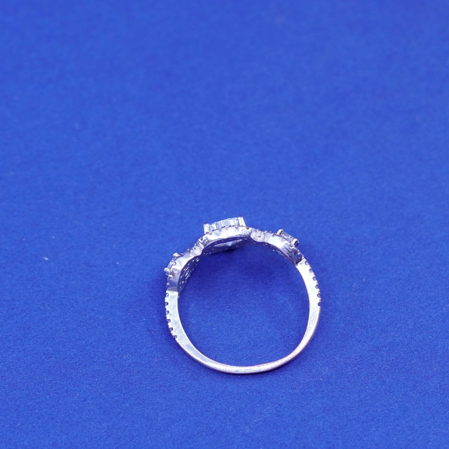 Size 8, vintage Sterling 925 silver engagement ring with heart and cluster Cz