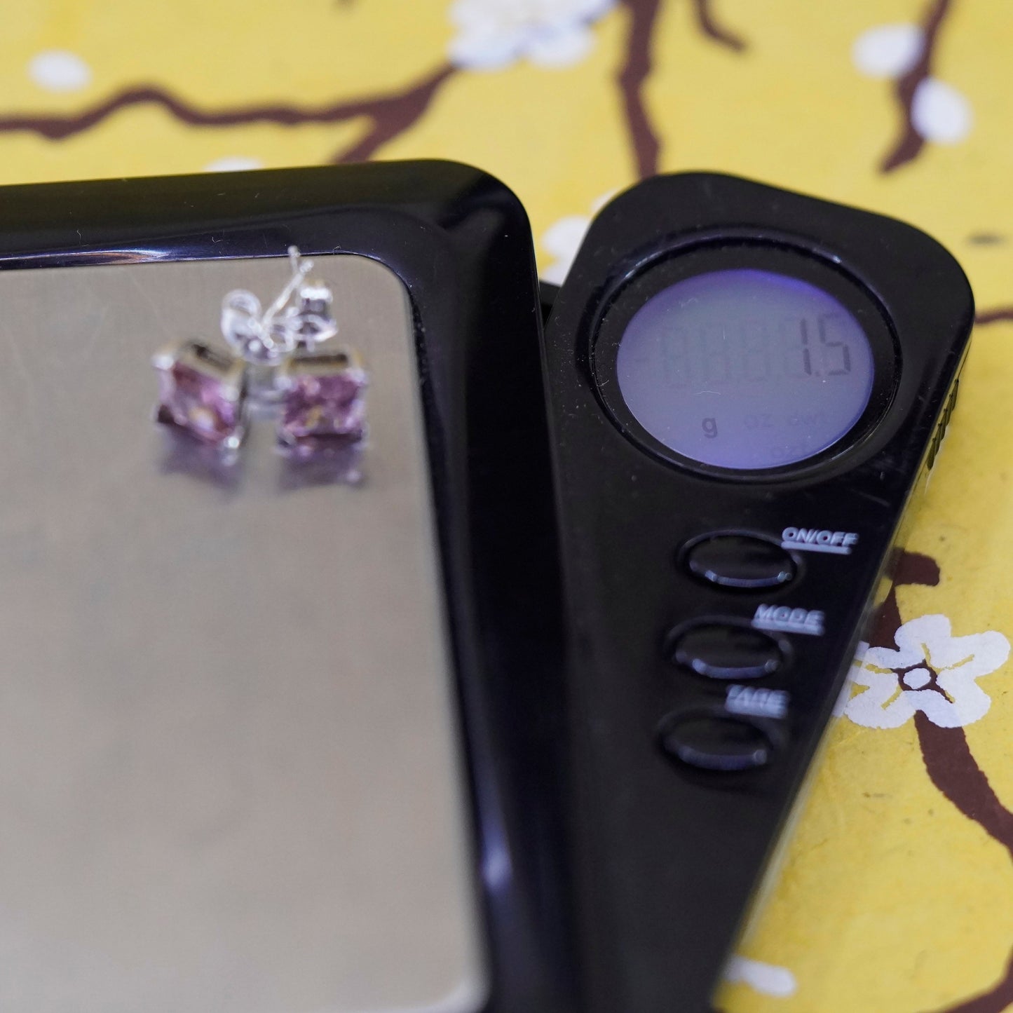 Vintage Sterling silver handmade earrings, 925 square studs with pink cz
