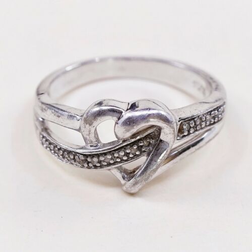 Sz 7, Vtg Sterling Fashion Engagement Ring, 925 Heart W/ Diamond, Stamped 925