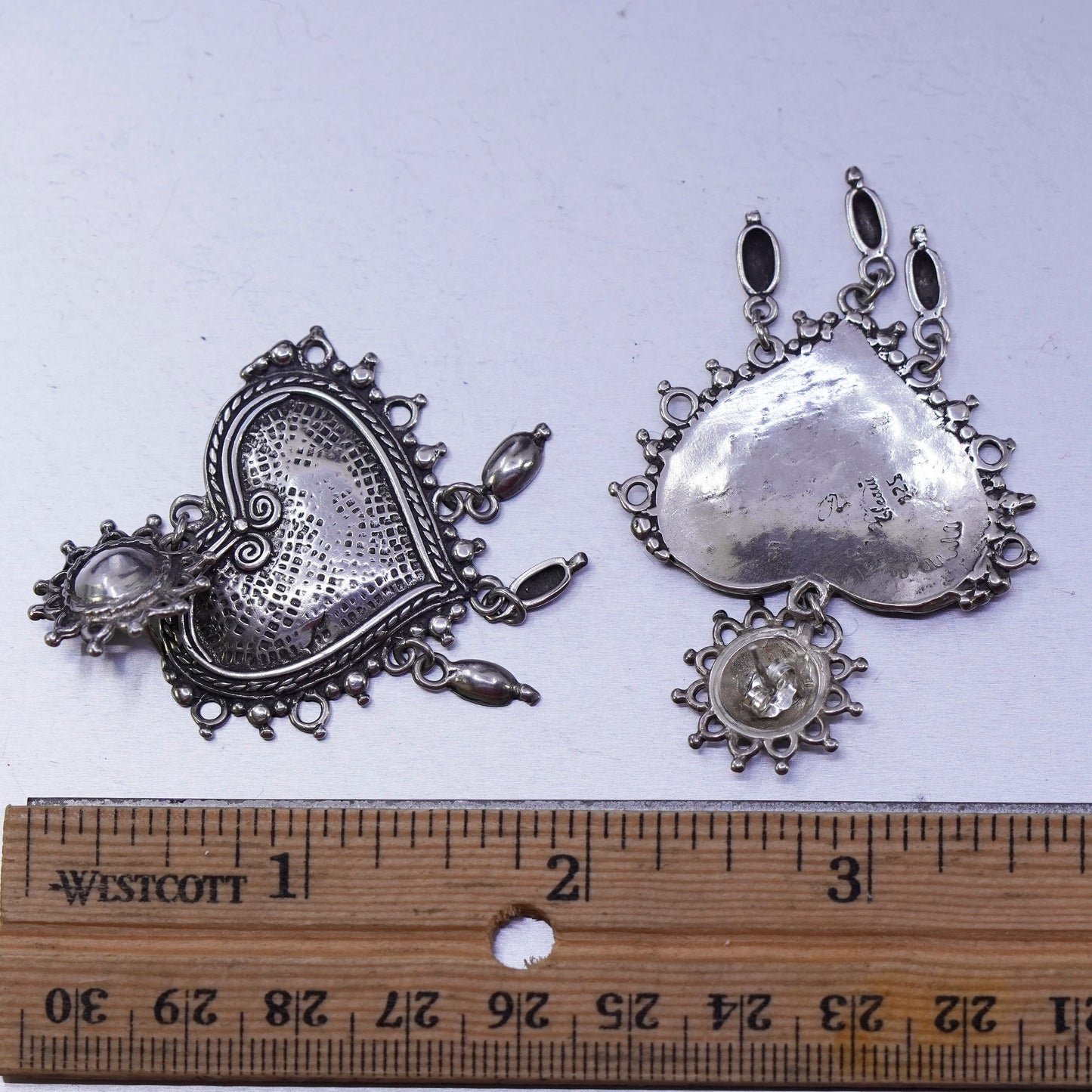 vtg GHEAUI Mexican Sterling 925 silver handmade textured heart earrings dangles