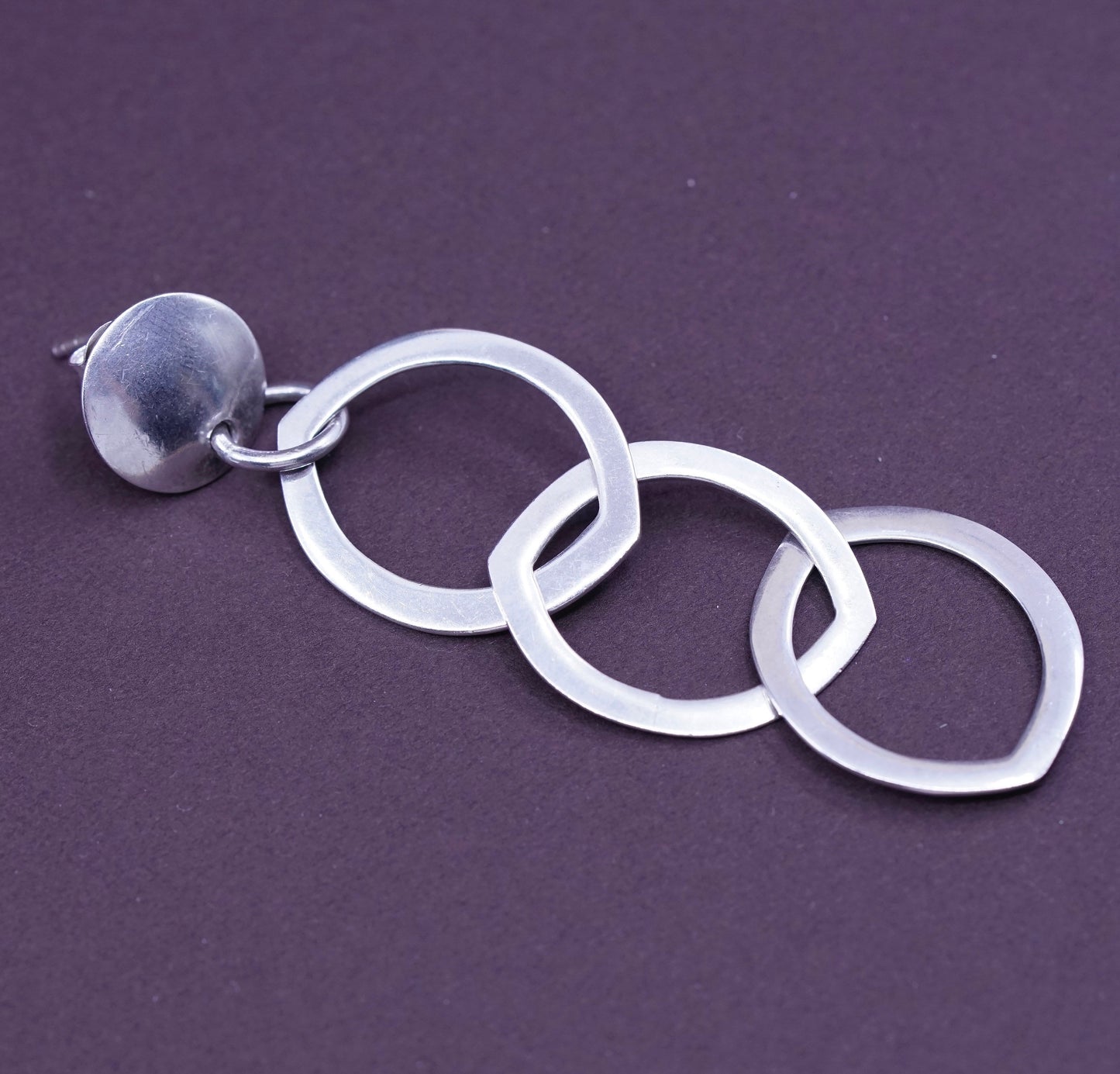 Vintage Sterling silver handmade earrings, Modern 925 flatten entwined circle
