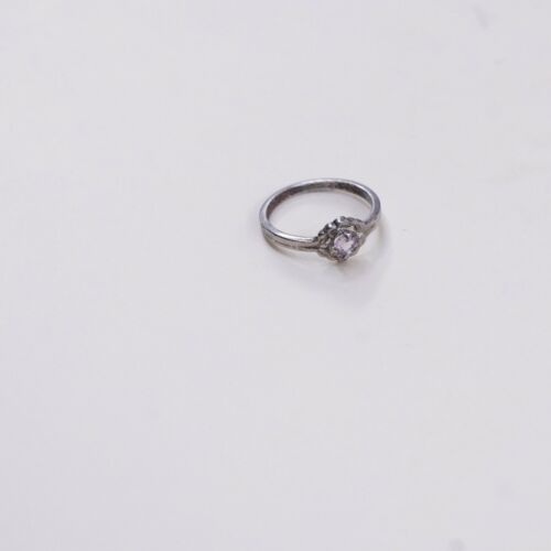 Sz 4, Vtg Sterling Silver Ring, 925 Silver Engagement Ring W/ pink Crystal
