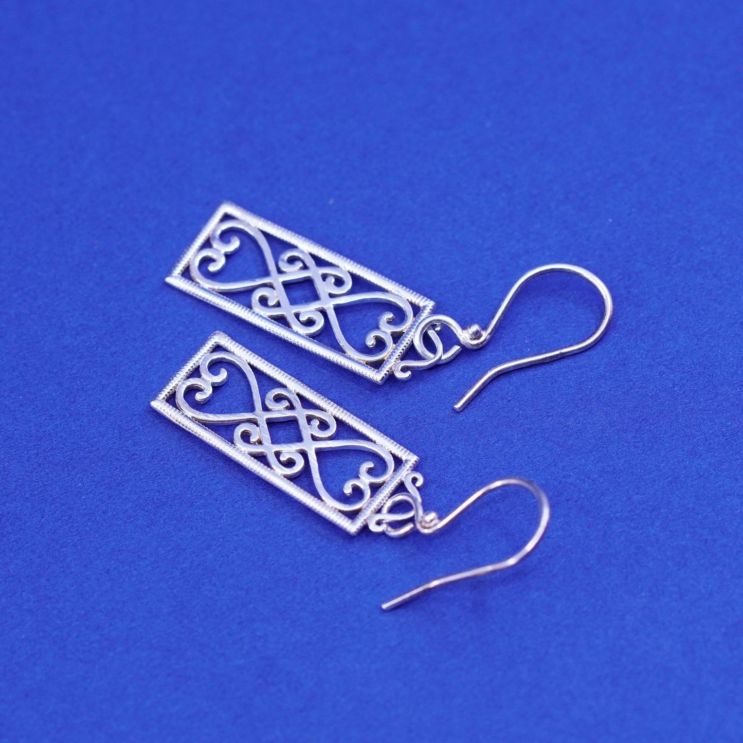 Vintage Sterling silver handmade earrings, 925 l filigree heart drops