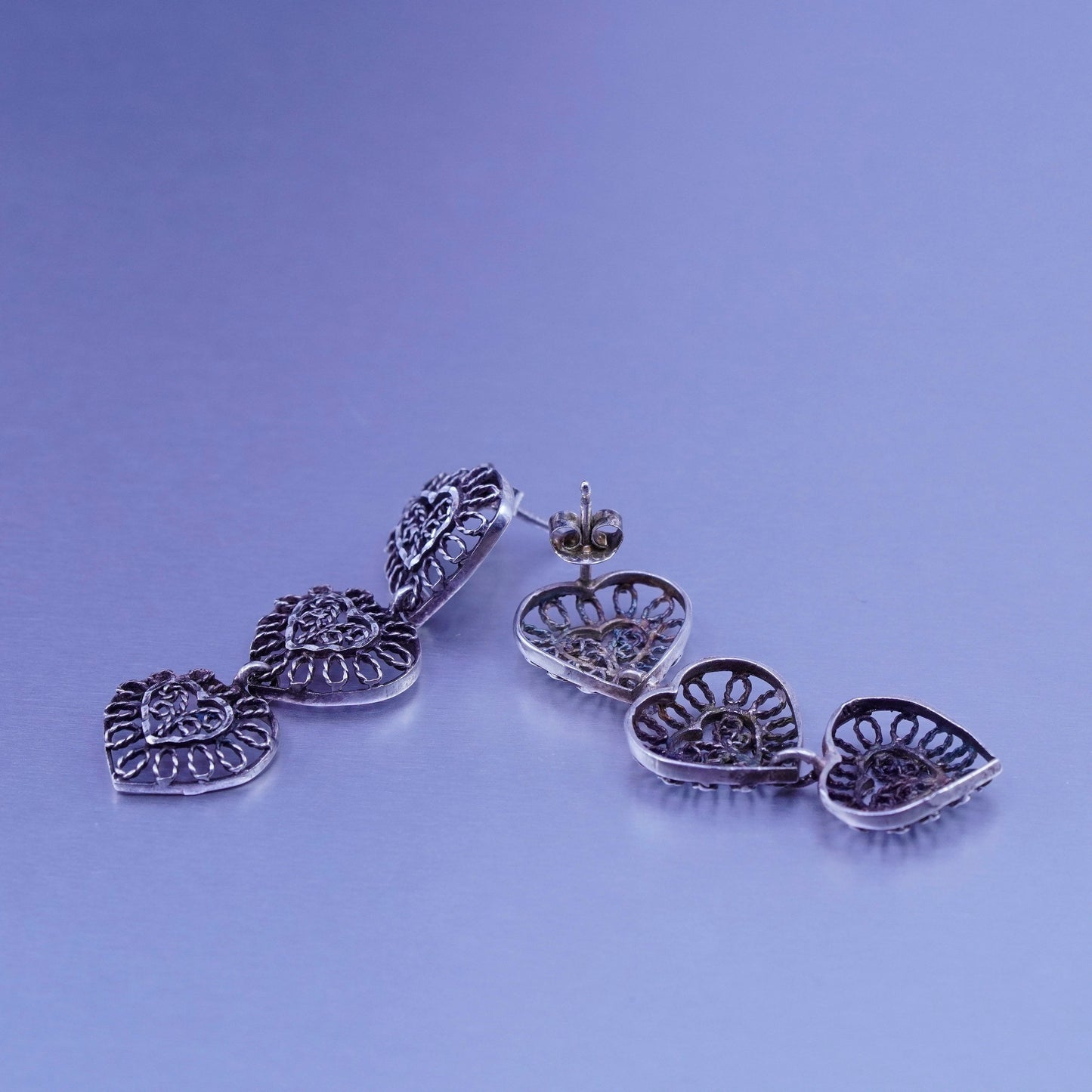 Vintage Sterling 925 silver handmade filigree heart earrings