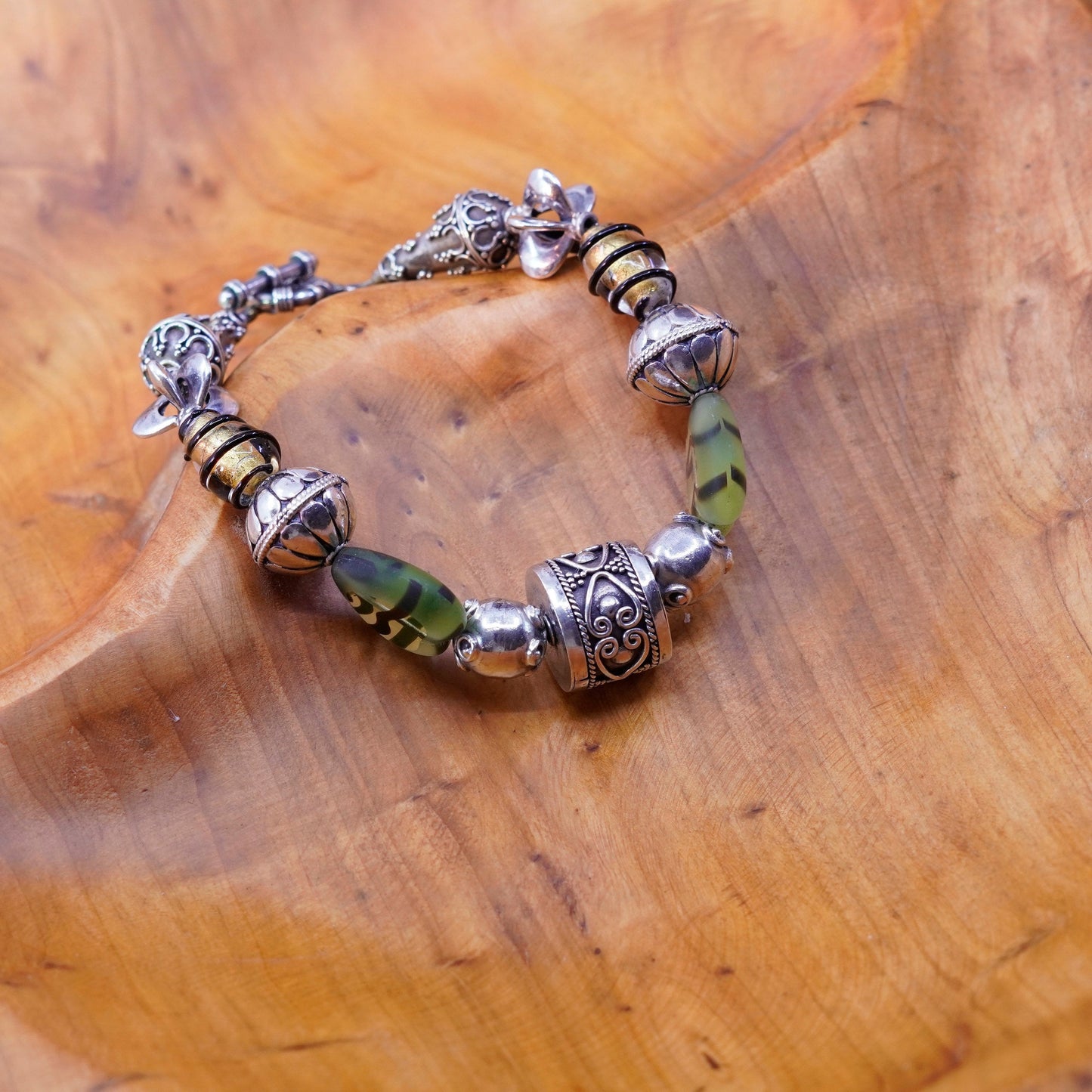 6.25”, sterling silver handmade bracelet, heart glass bracelet w/ 925 bail bead