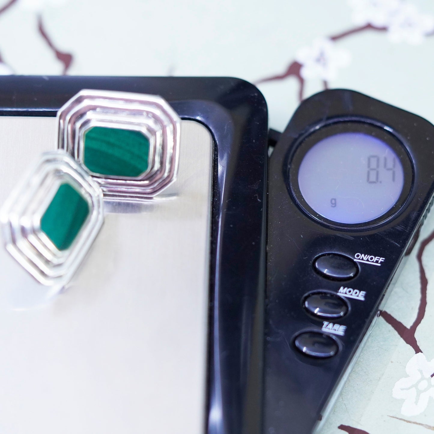 Vintage Mexico sterling silver handmade malachite earrings, 925 studs