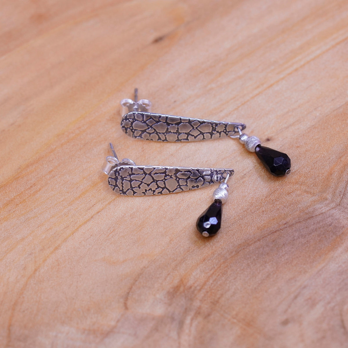 sterling 925 silver handmade textured earrings, with teardrop obsidian beads