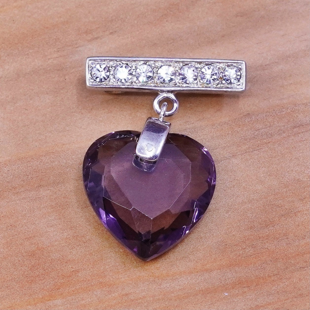 Vintage handmade sterling 925 silver brooch with heart purple Crystal and Cz