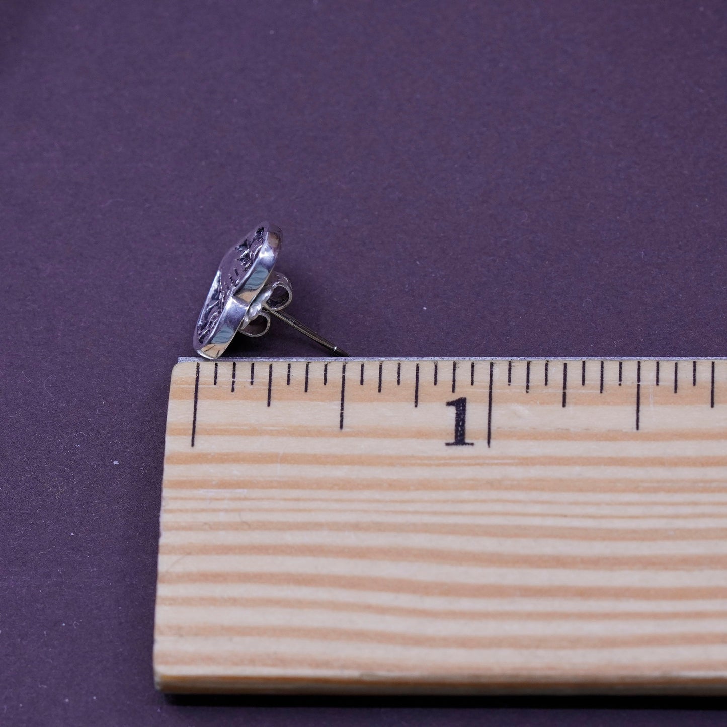 Vintage Sterling silver handmade earrings, 925 heart studs embossed hand
