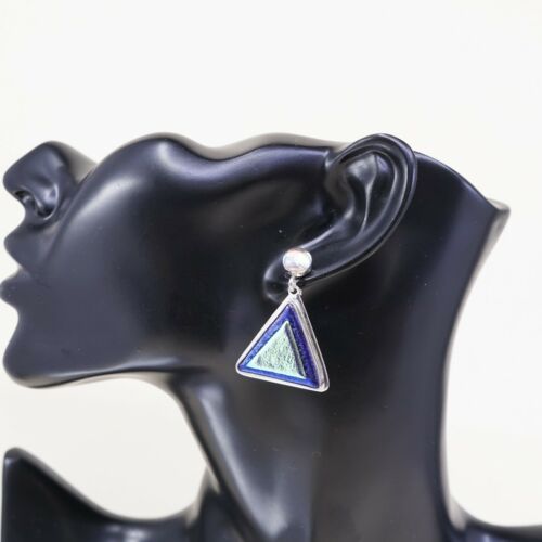 Vtg Modern handmade Sterling 925 Silver Earrings Triangular Green Foiled Glass
