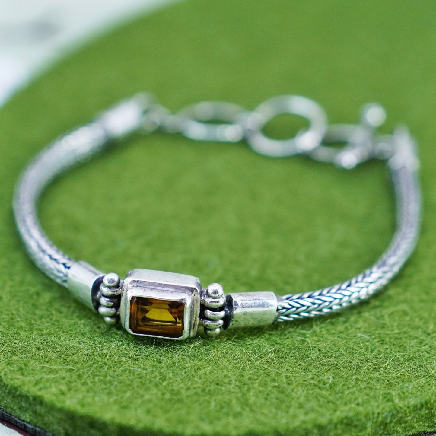 6.5”+1”, vintage sterling silver handmade bracelet, 925 wheat chain w/ citrine