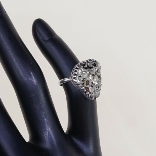 Sz 1.75, Vtg Sterling Silver Handmade Ring w/ Golden druzy quartz, Silver Tesyed