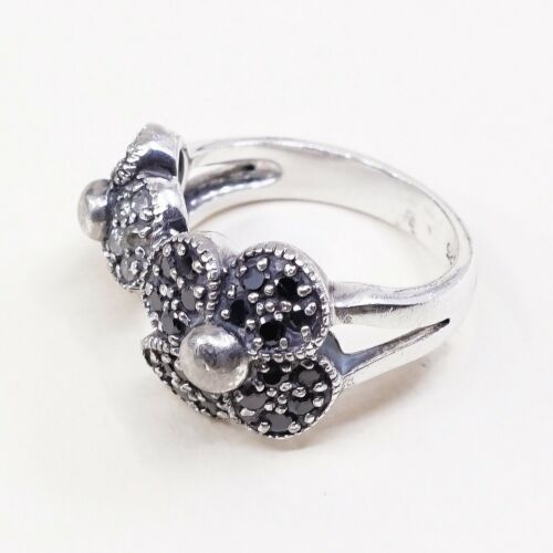 Sz 6.75, Vtg Sterling Silver Handmade Ring, 925 W/ Cluster Black Diamond Flower