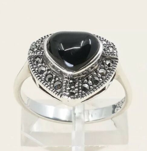 Sz 7.25, Sterling Silver handmade Ring, 925 Silver W/ Obsidian Heart n marcasite