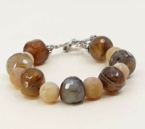 6.25”, Vtg Sterling Silver Handmade Bracelet 925 W/ Agate Beads N Toggle Closure