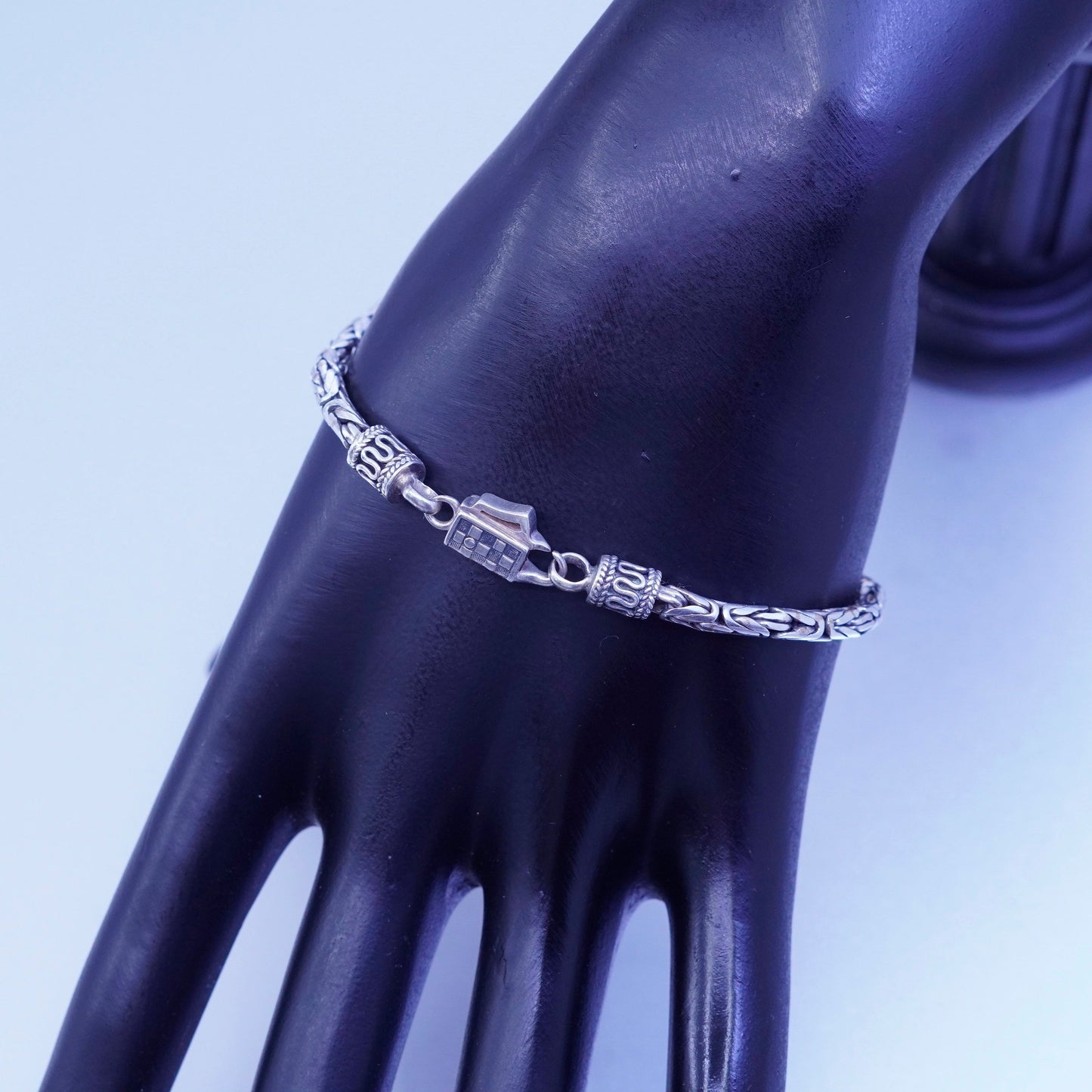 7.25”, vintage bold Sterling silver bracelet, 925 Byzantine, birdcage chain