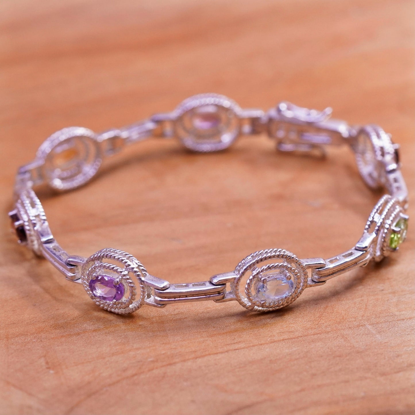 7”, vtg Sterling silver tennis bracelet, 925 bar amethyst topaz peridot citrine
