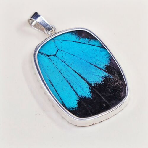 Vintage Sterling Silver Handmade Pendant, 925 With Resin Blue Butterfly Wing