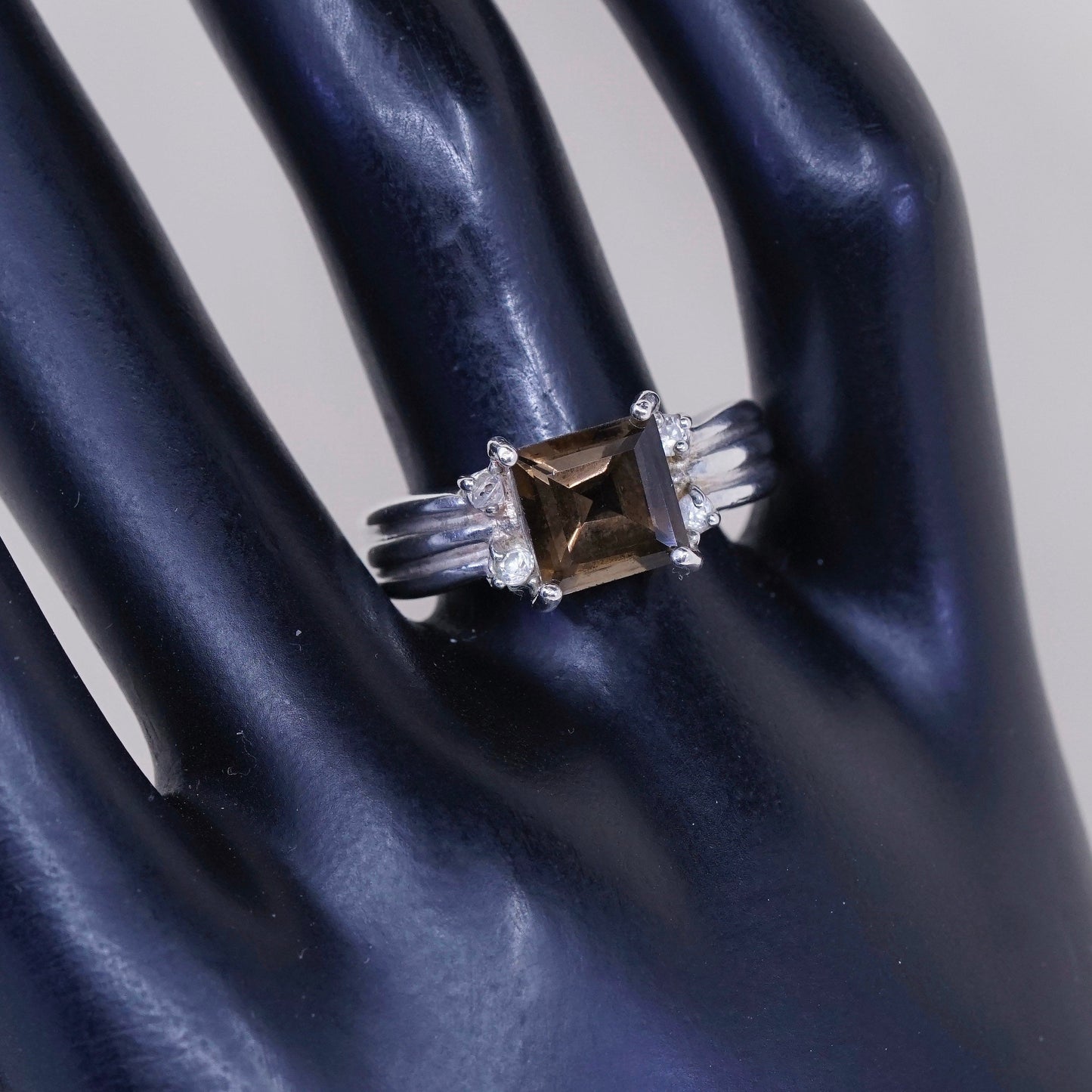 sz 8.25, sterling silver handmade ring, 925 statement ring w/ smoky topaz N Cz