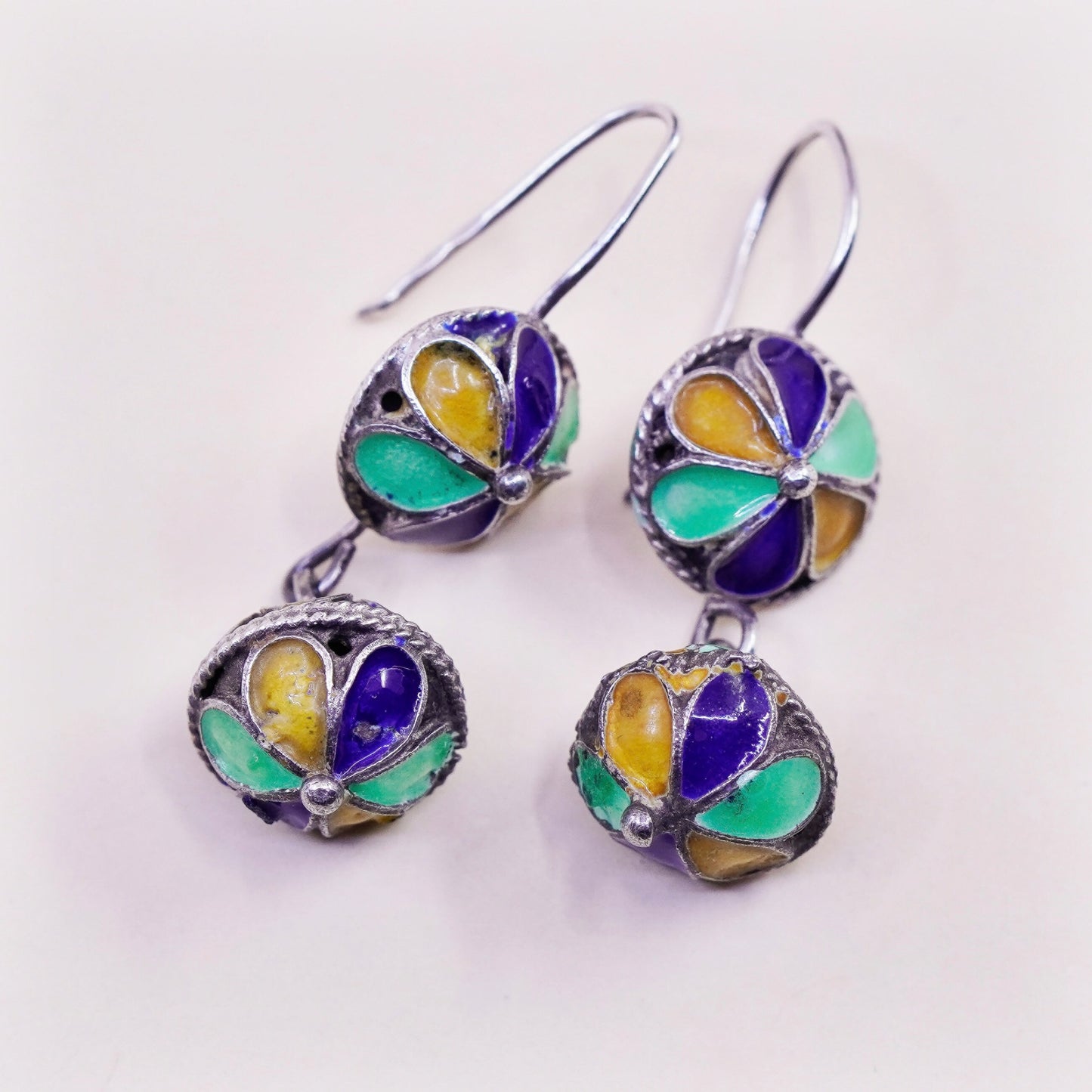 Vintage sterling 925 silver handmade bead earrings with enamel