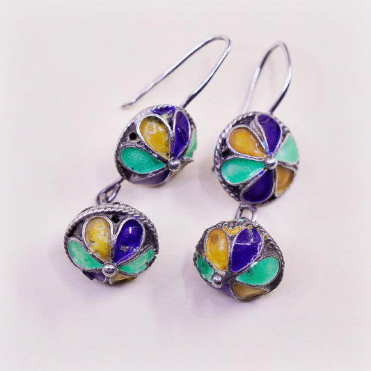 Vintage sterling 925 silver handmade bead earrings with enamel