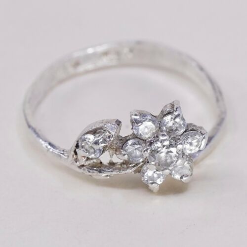 Sz 6, vintage Sterling Ring, 925 Silver flower W/ cluster Crystal