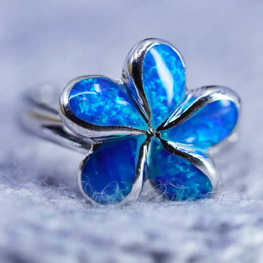 Size 6, vintage Sterling 925 silver handmade ring with plumeria opal