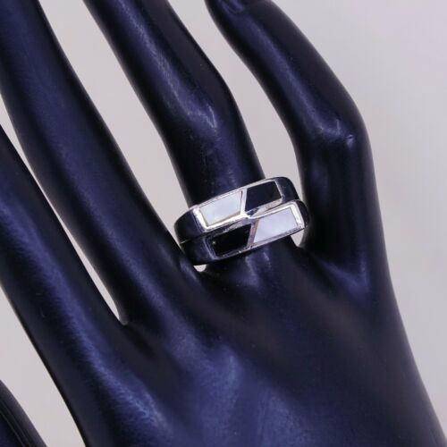 Sz 7.5, Vtg Sterling Silver Handmade Ring, 925 Band W MOP N Obsidian Inlay