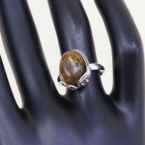 Sz 7, Vtg Orange Amber Sterling 925 Silver Handmade Ring, Stamped 925