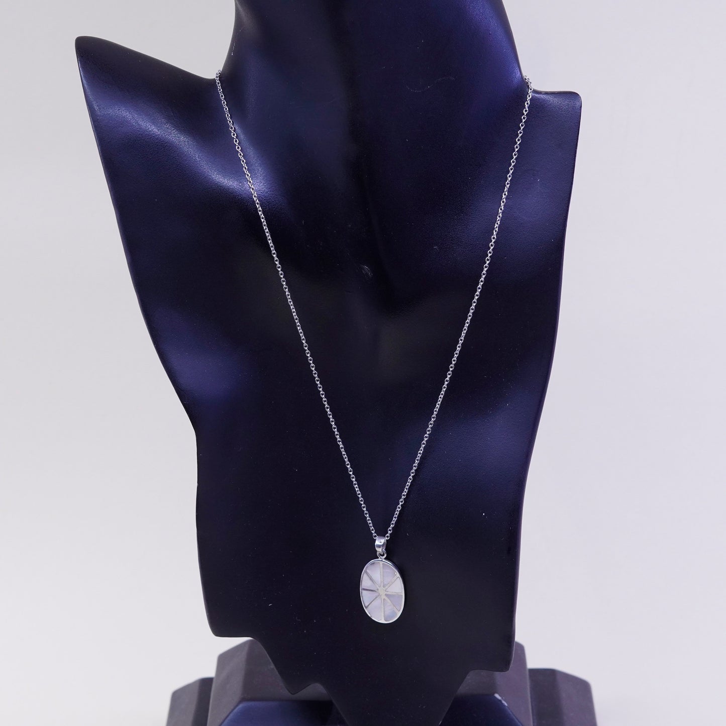 16+2”, Sterling silver necklace, 925 circle chain oval mother of pearl pendant