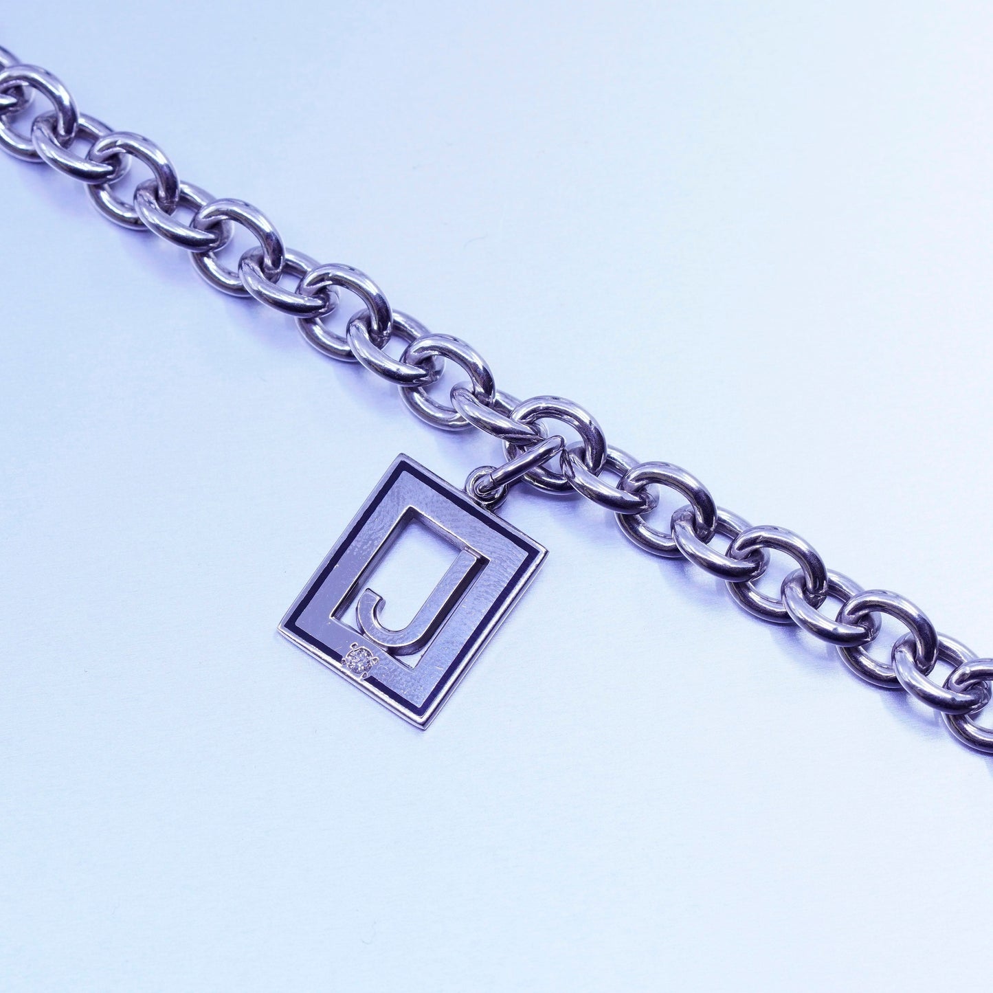 6.75”, Sterling silver bracelet, 925 bold circle chain with initial “J” charm