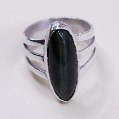 Sz 6, Vtg Handmade Sterling 925 Silver Ring W/ Black Tiger Eye, Silver Tested