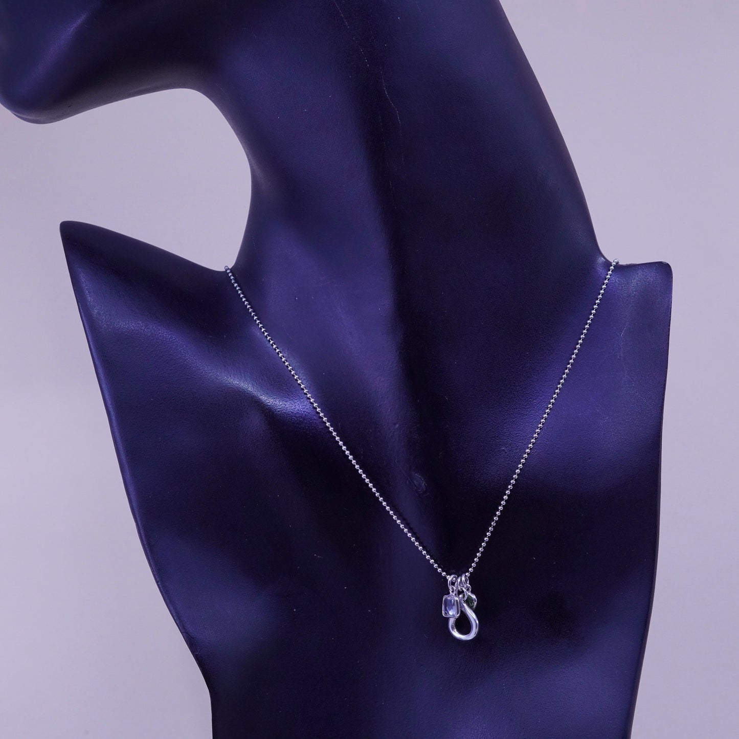 16+2”, 1mm, Vintage Sterling 925 silver bead chain necklace teardrop pendant