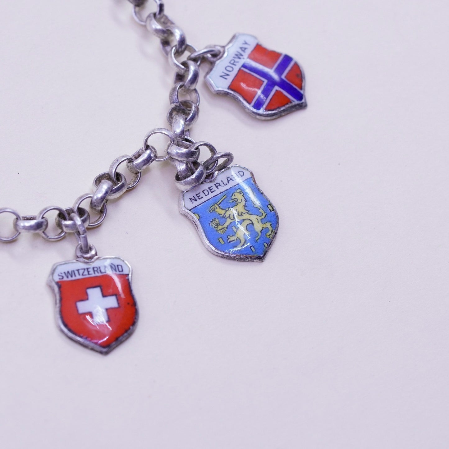 6.75”, sterling 925 silver circle chain bracelet world traveler 835 danish flag