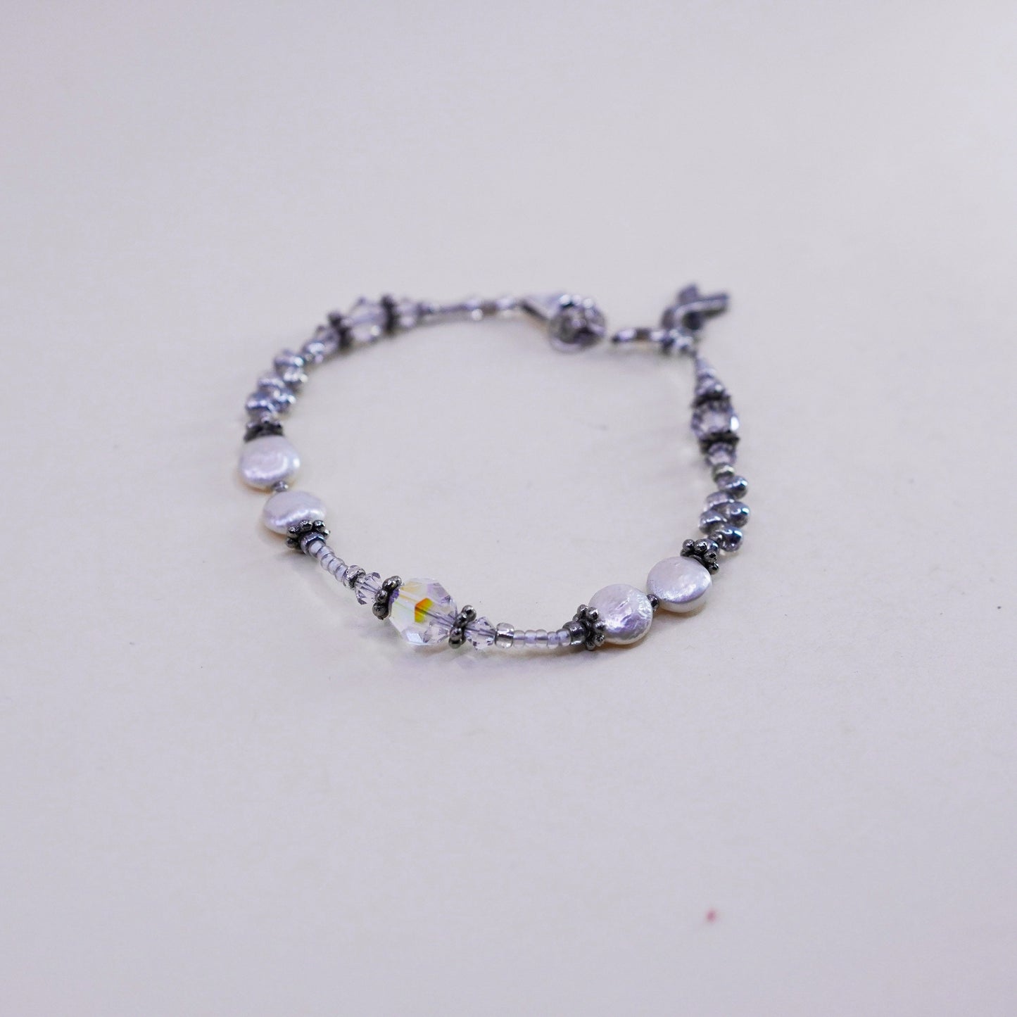 7”, Sterling silver bracelet, 925 pearl beads breast cancer cure ribbon charm