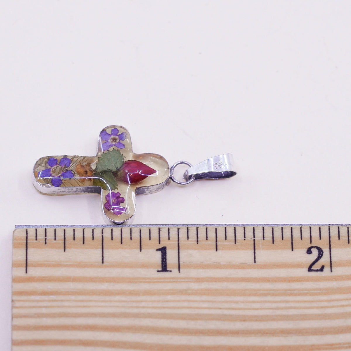 Vintage Sterling silver handmade pendant, mexico 925 resin cross with flower