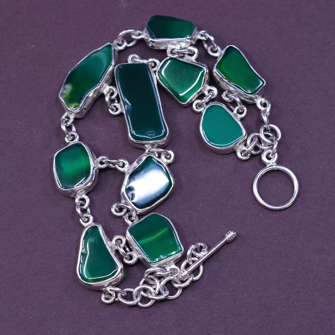 5.75", vtg Sterling silver handmade double strands jade nugget bracelet