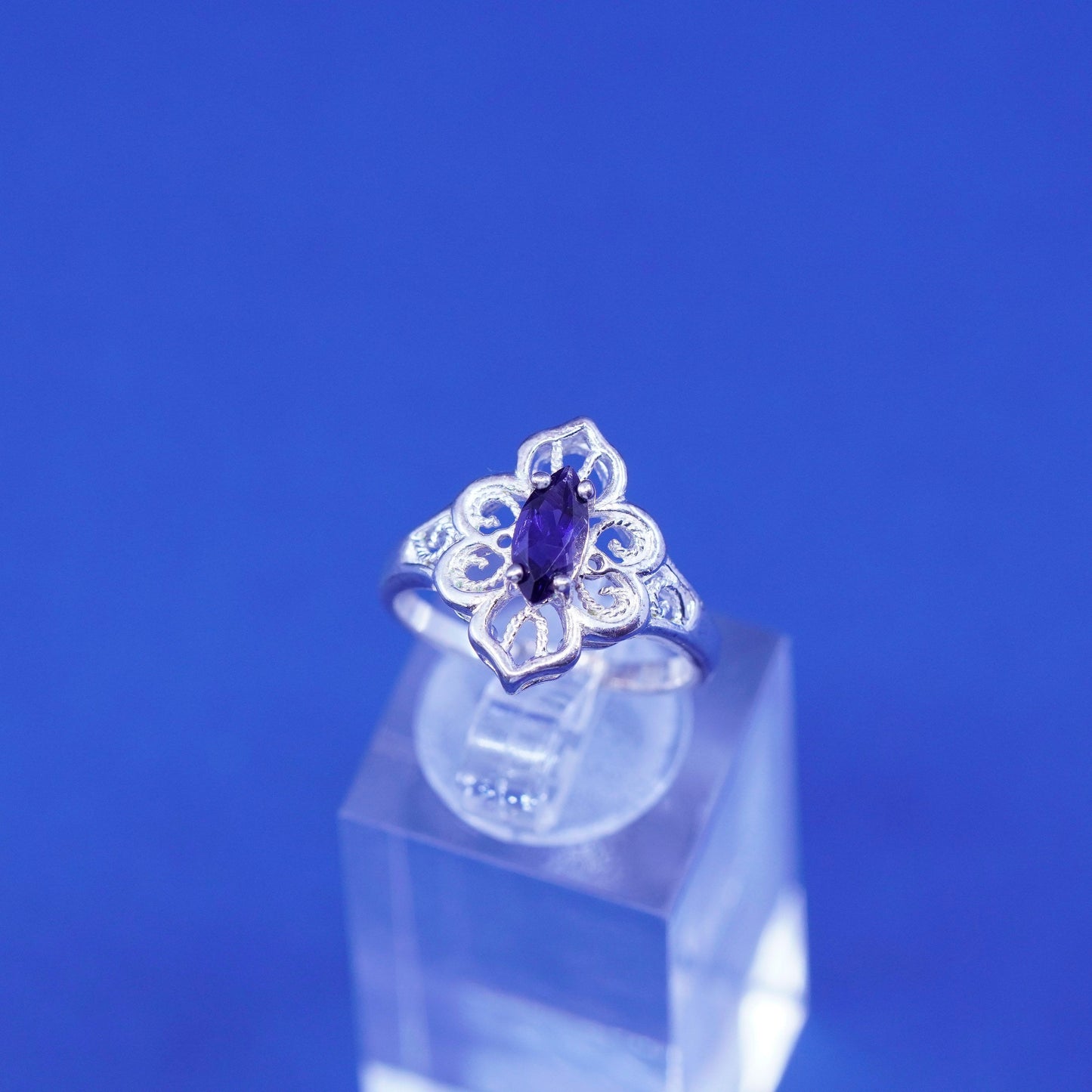 Size 6.25 Vintage Sterling 925 silver filigree handmade ring with amethyst